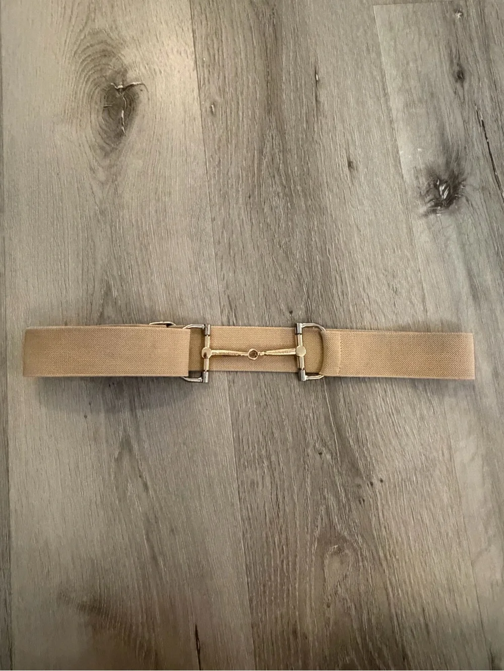 Elastic Tan Waist Belt with Gold Horsebit Accent
